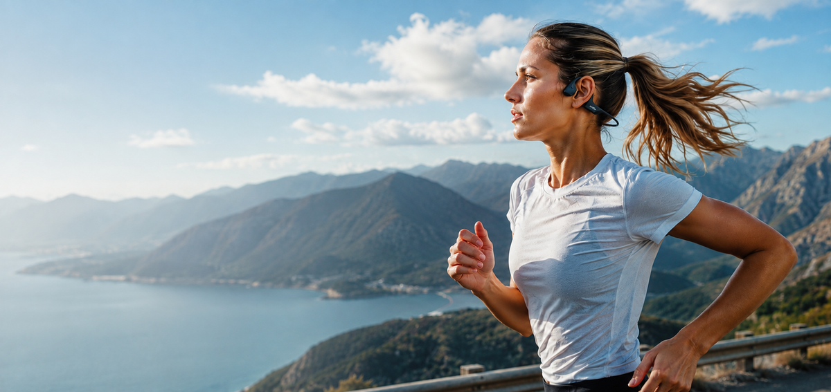 Coureuse portant un casque à conduction osseuse Shokz en montagne