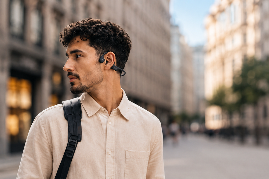 Homme en ville portant un casque à conduction osseuse Shokz OpenRun Pro 2
