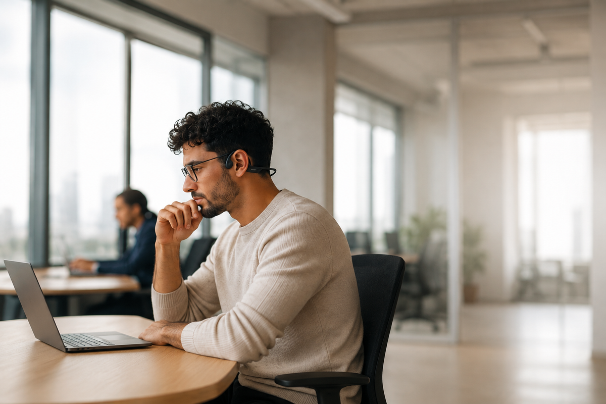 Homme au bureau portant un casque à conduction osseuse Shokz devant son ordinateur